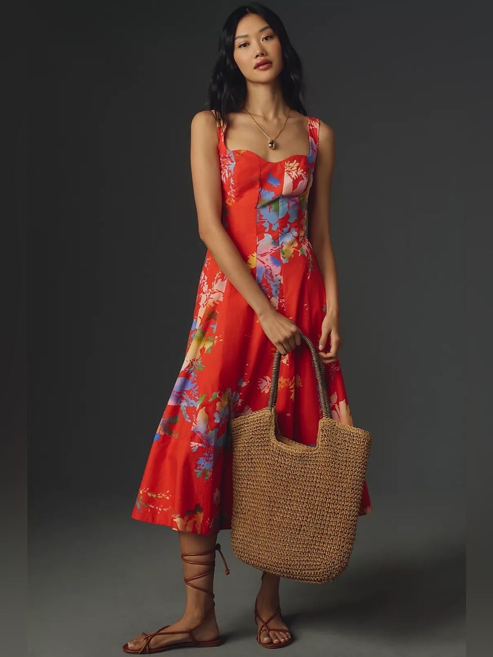 Anthropologie Red Floral Midi Dress